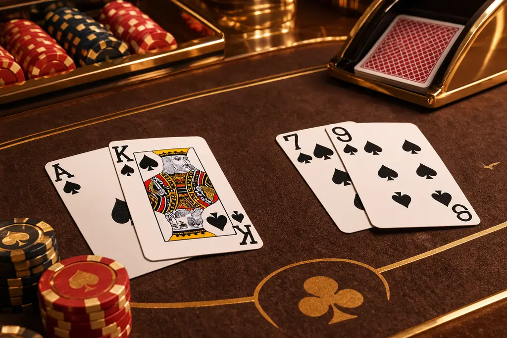 Kartu as, raja, tujuh dan sembilan pada meja blackjack