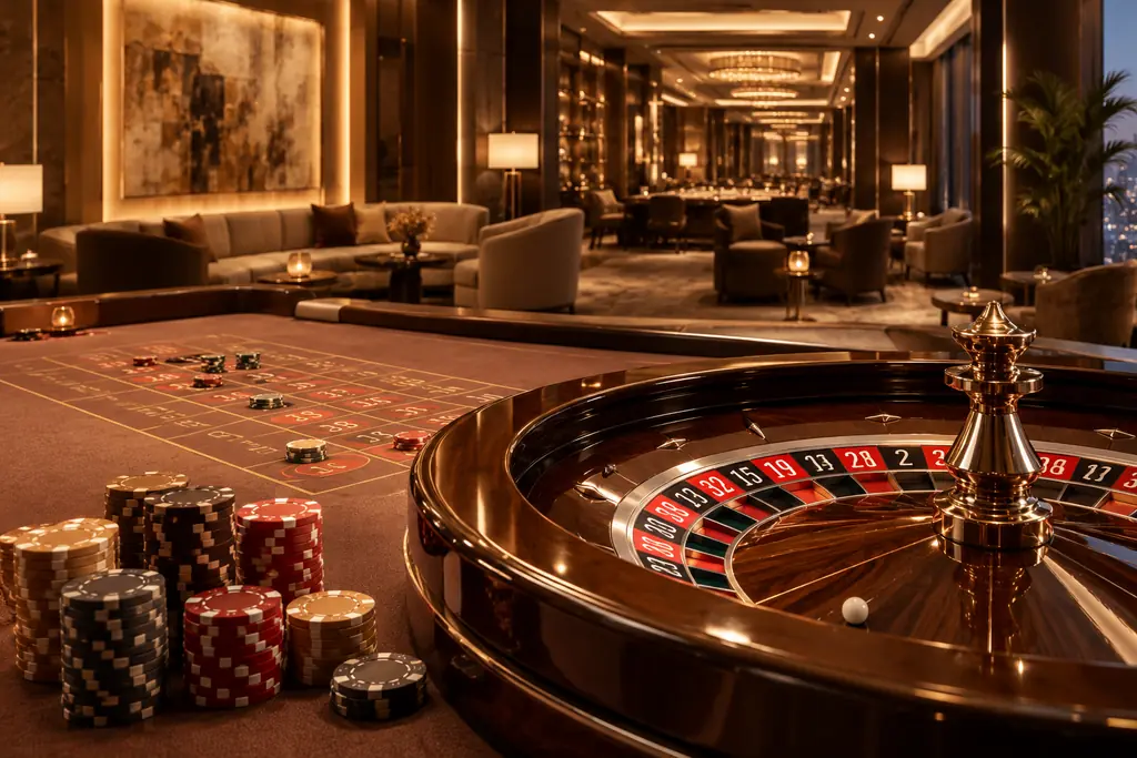 Meja roulette dan keping kasino dalam ruang bernuansa perunggu