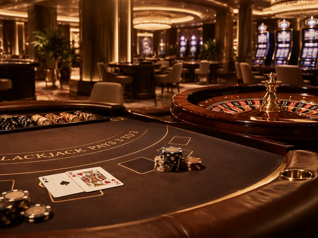 Ruang kasino dengan meja kartu dan roda roulette dalam warna pasir dan perunggu