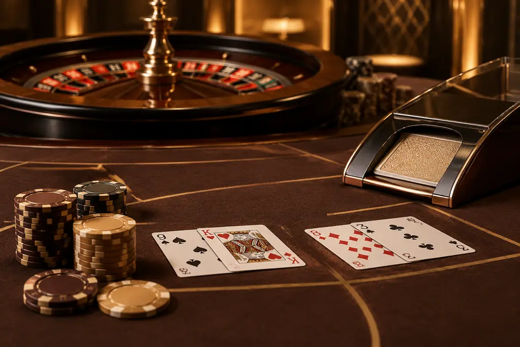 Sepatu kartu baccarat dan roda roulette dalam suasana meja kasino