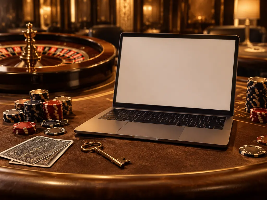 Laptop berlatar layar kosong, kunci dan kartu di meja kasino