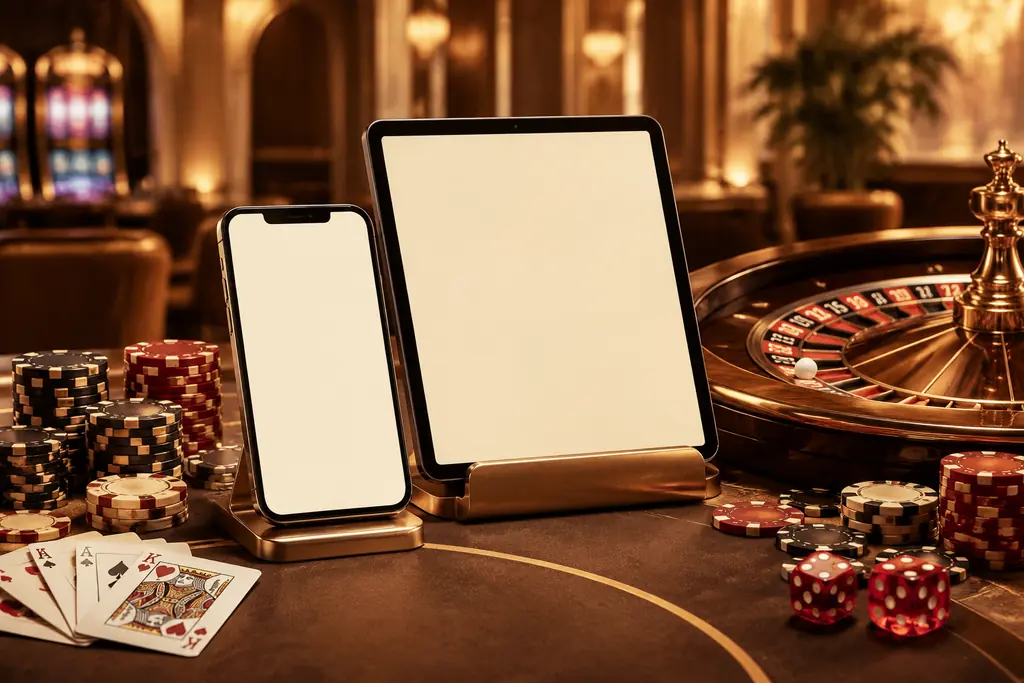 Ponsel dan tablet di dekat roda roulette serta keping kasino