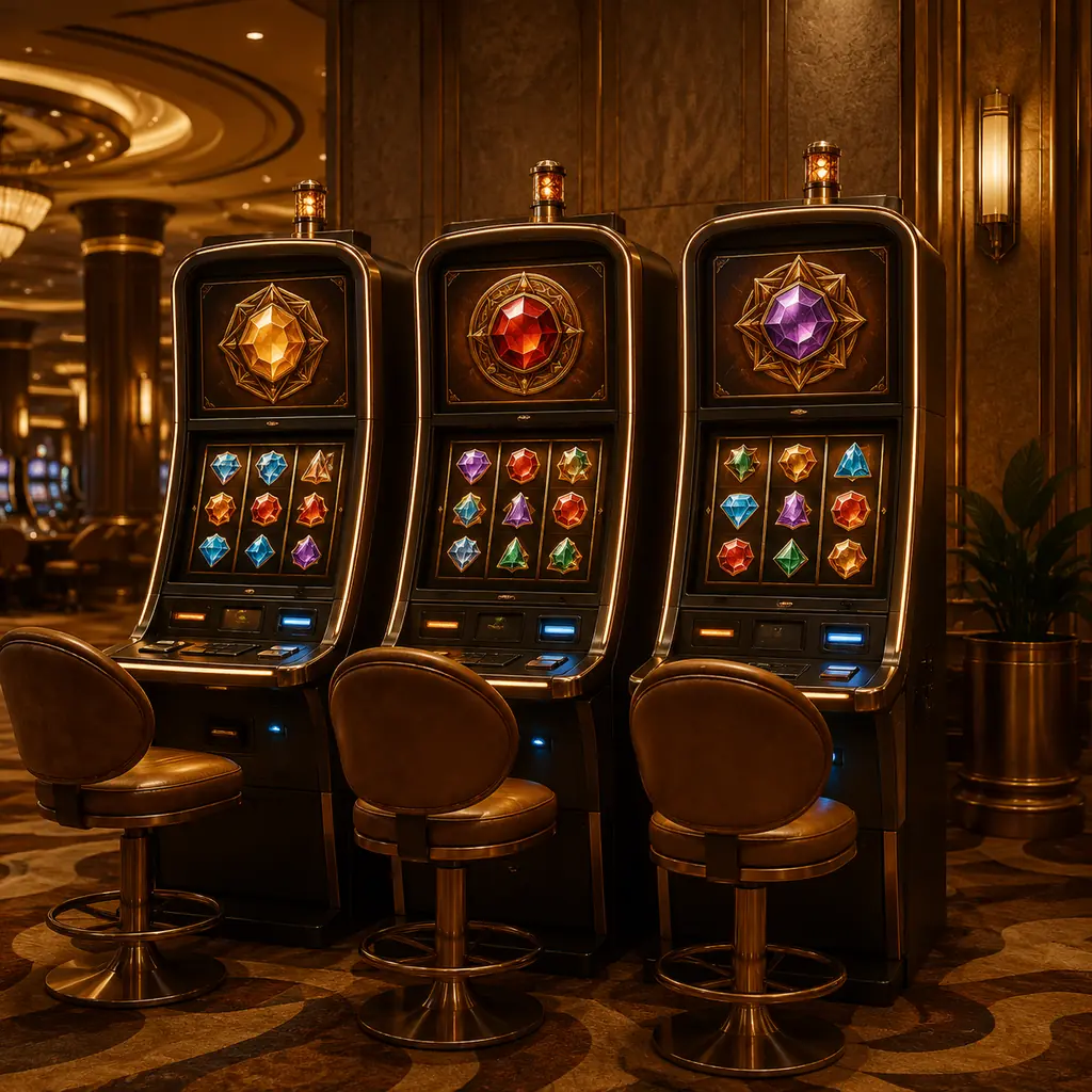 Deretan mesin slot dengan simbol permata tanpa angka saldo