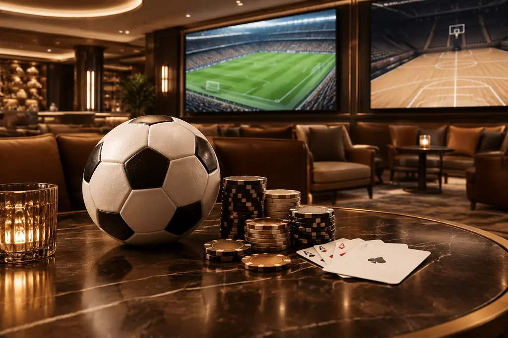 Bola sepak dan keping kasino di ruang bertema olahraga
