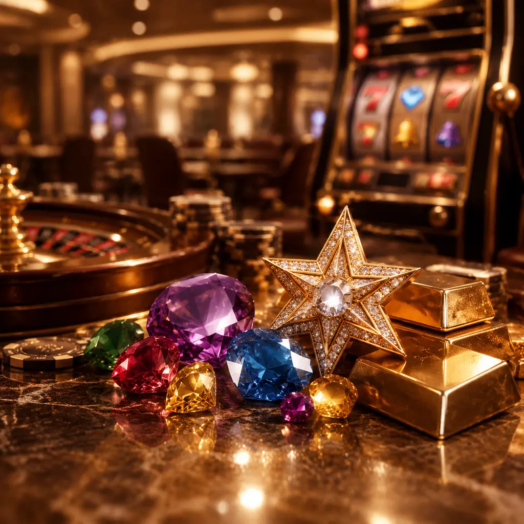 Permata berwarna dan bintang berhias dalam konsep slot kasino